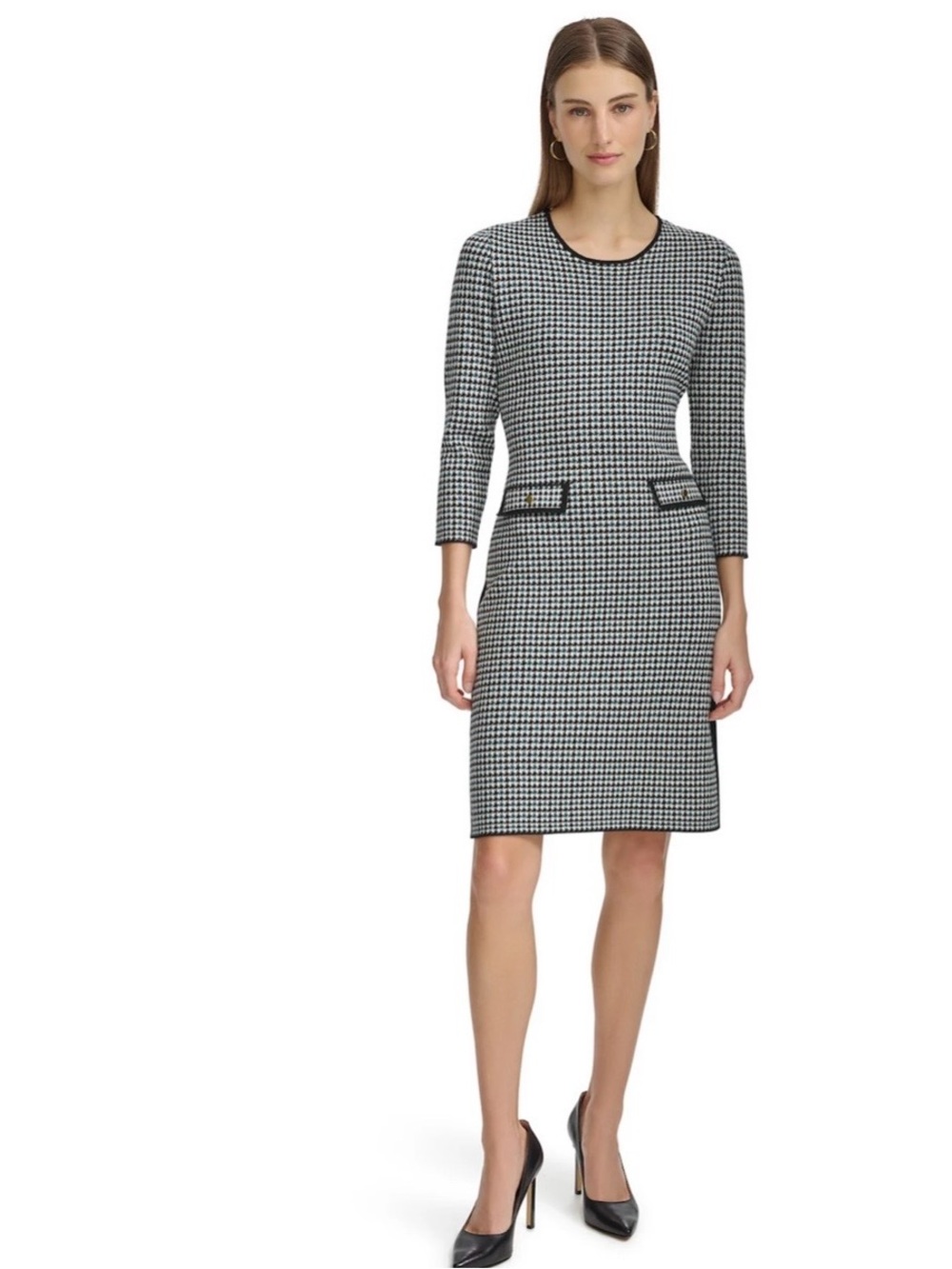 Houndstooth Long Sleeve Sheath Dress - Black & White